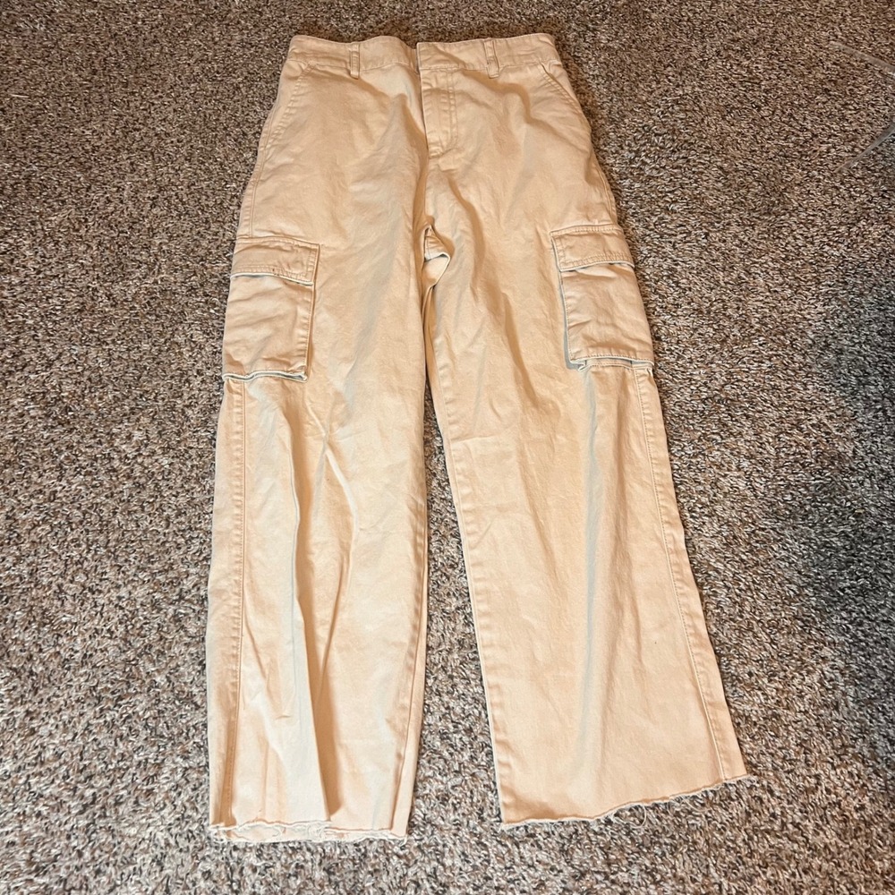Forever 21 Cargo Pants Womens S Tan Crop Wide Leg Raw Hem Utility